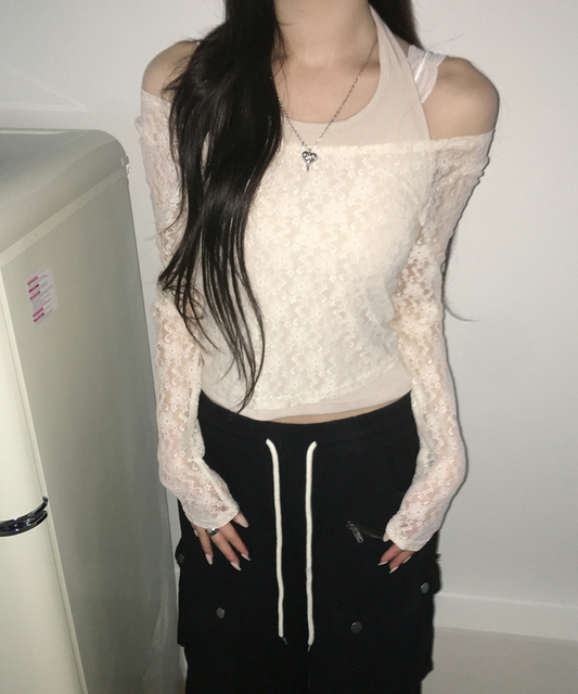 假兩件掛頸蕾絲上衣