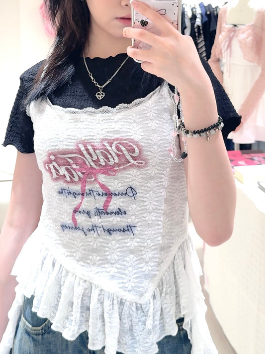 蝴蝶結不規則背心+牛仔短裙套裝