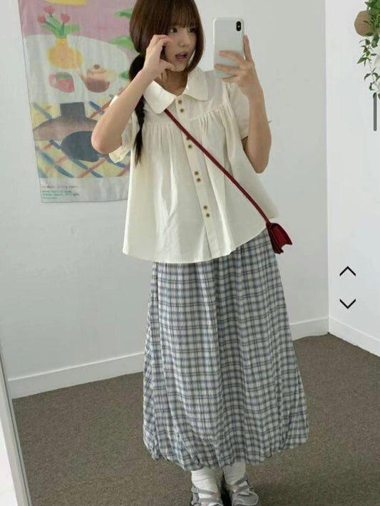 格紋鬆緊腰汽球長裙