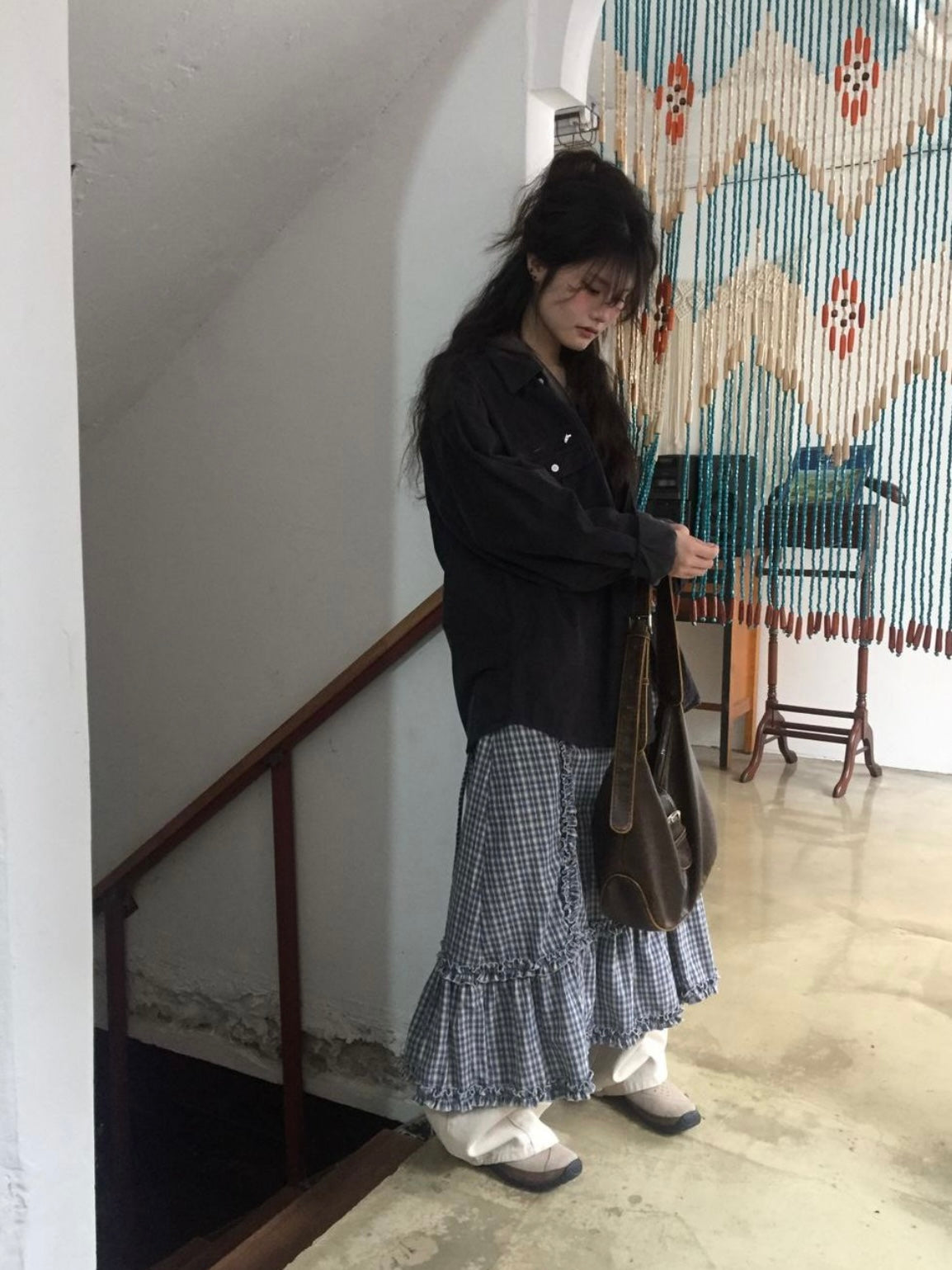格紋兩側花邊長裙