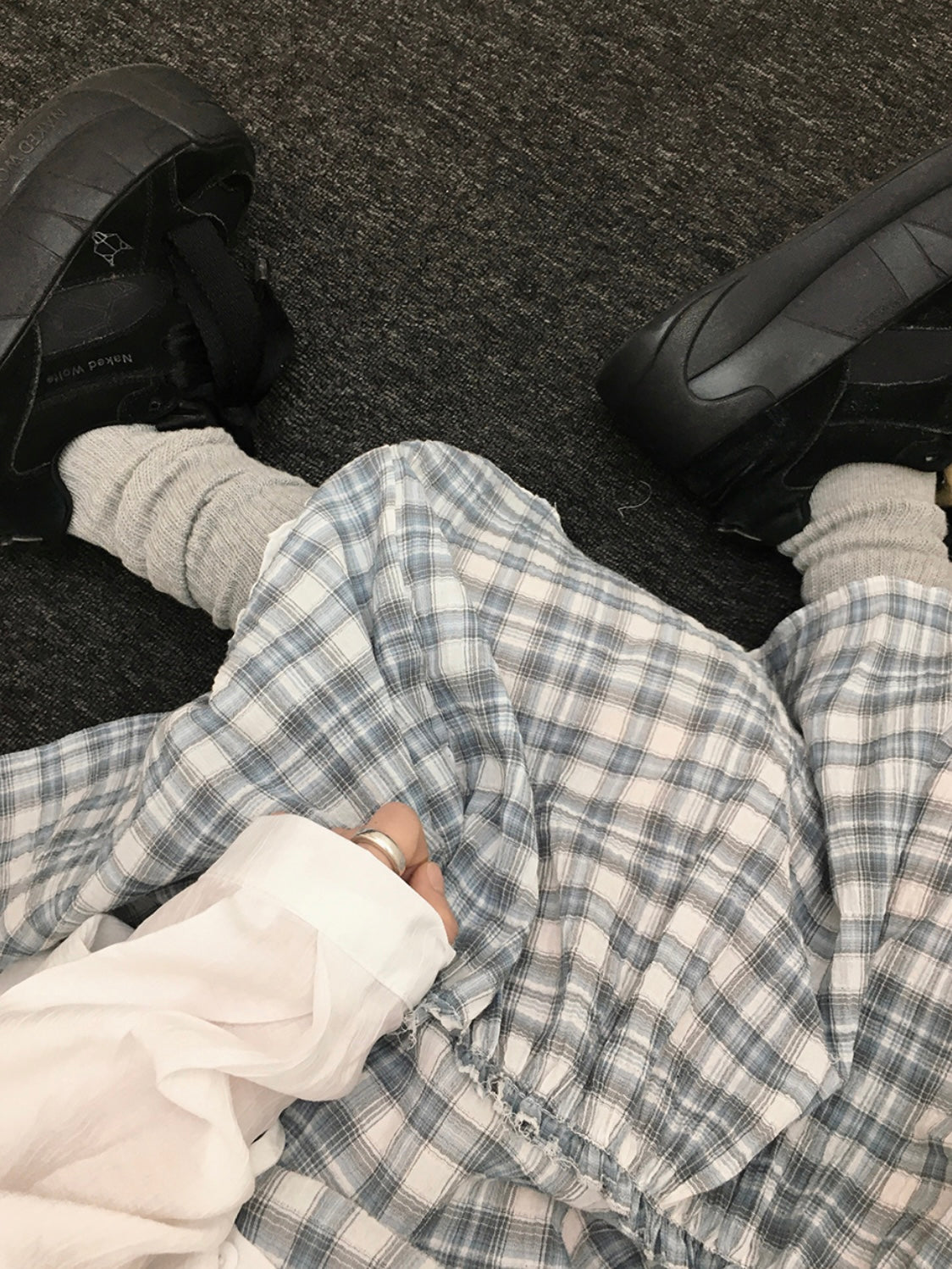 鬆緊腰格紋花邊長裙