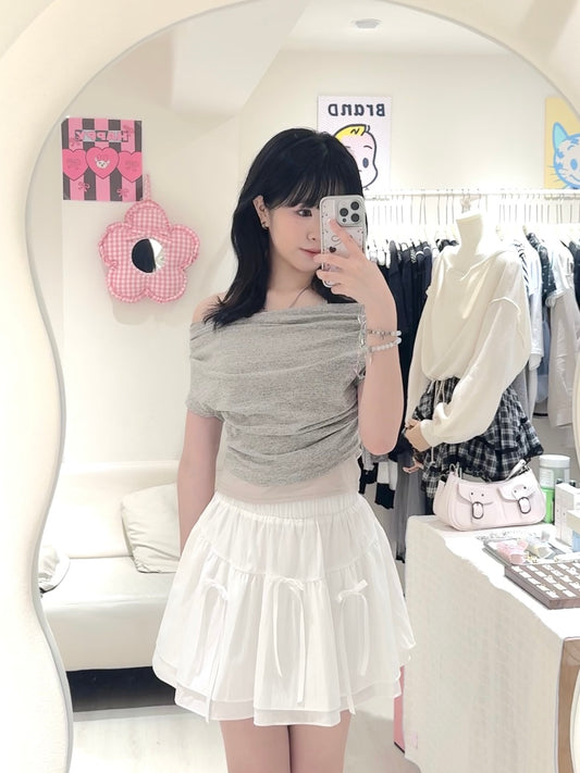 柔軟拼色掛頸上衣+短裙套裝