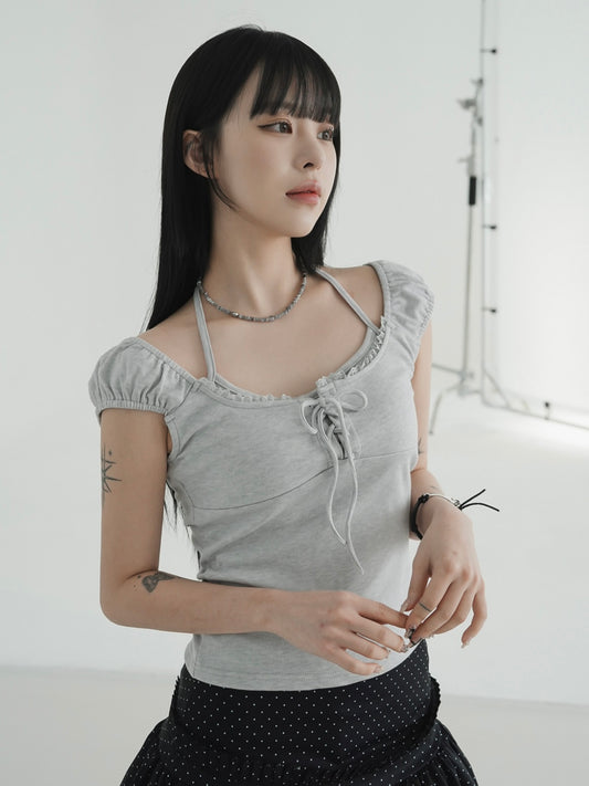 假兩件花邊綁帶上衣