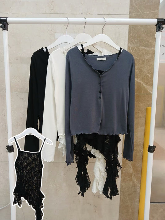 蕾絲不規則背心+半鈕扣上衣Set