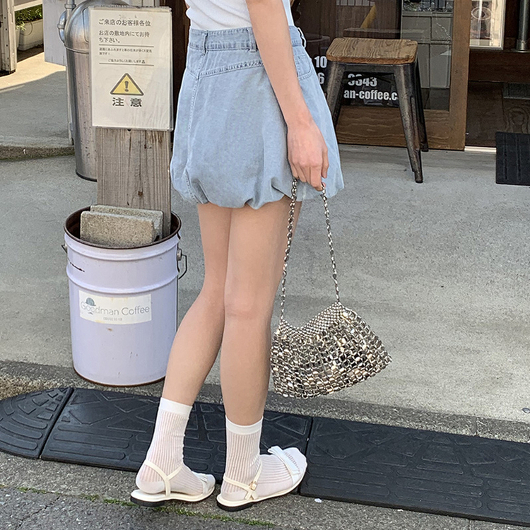 牛仔材質*๑♡可愛花苞短裙