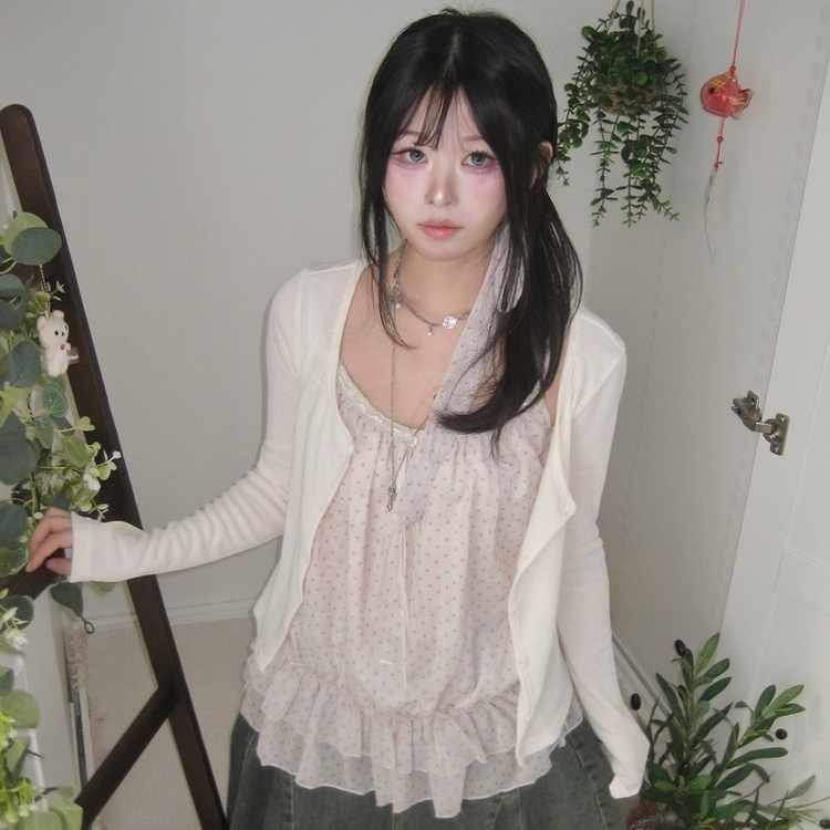 波點莎莎綁帶背心+外套Set