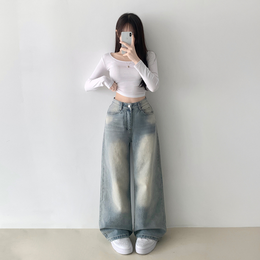 復古水洗按扣闊腿牛仔褲