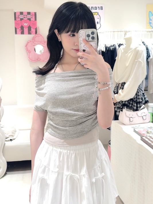 柔軟拼色掛頸上衣+短裙套裝