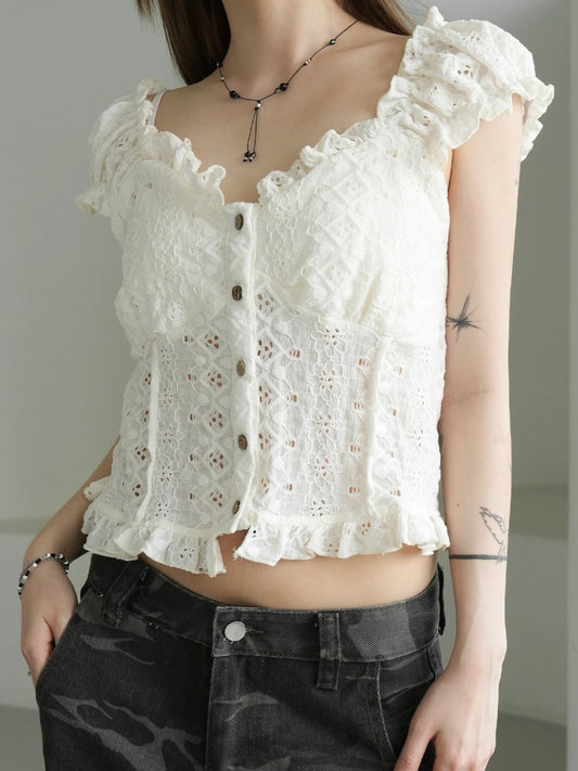 重工鉤花公主袖上衣