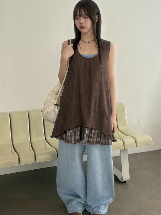 假兩件格仔疊穿連身裙