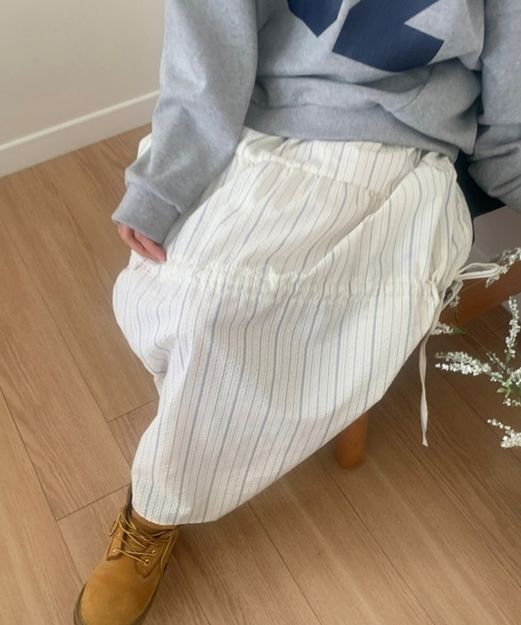 細條紋免燙帶綁帶長裙