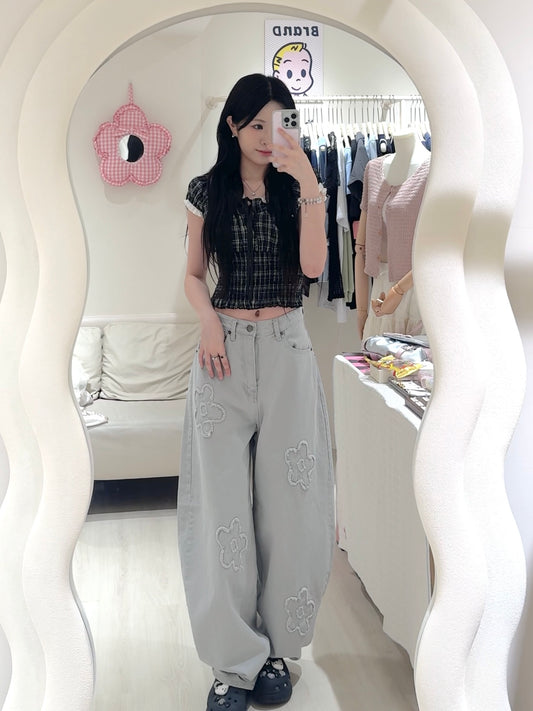 必收~韓製灰色花花彎刀褲