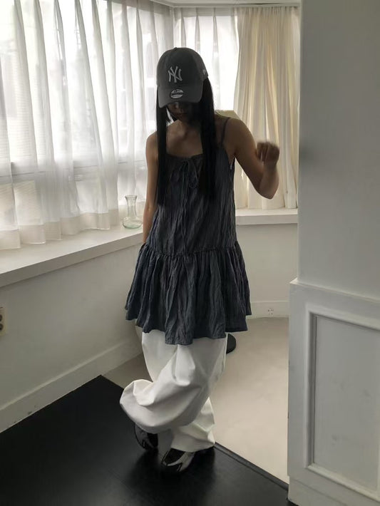 隨性褶皺感綁帶連身裙