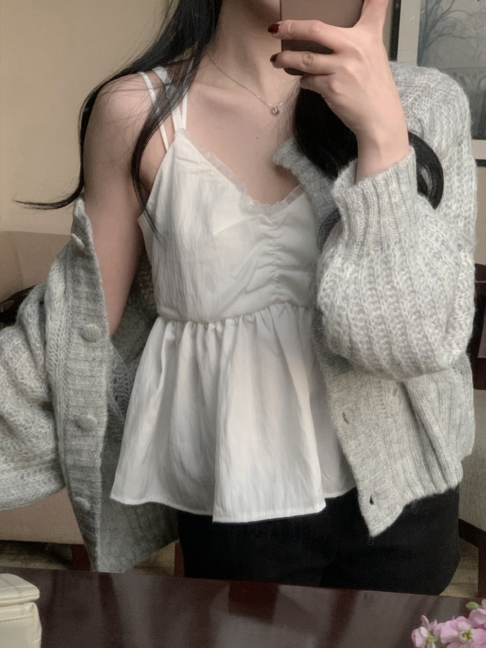 花邊抓皺傘型小背心