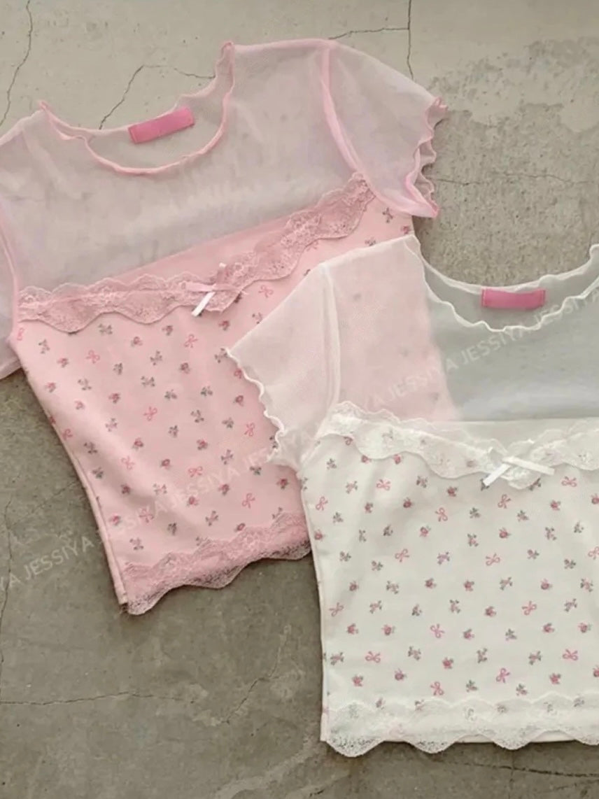碎花蝴蝶結網紗短Tee