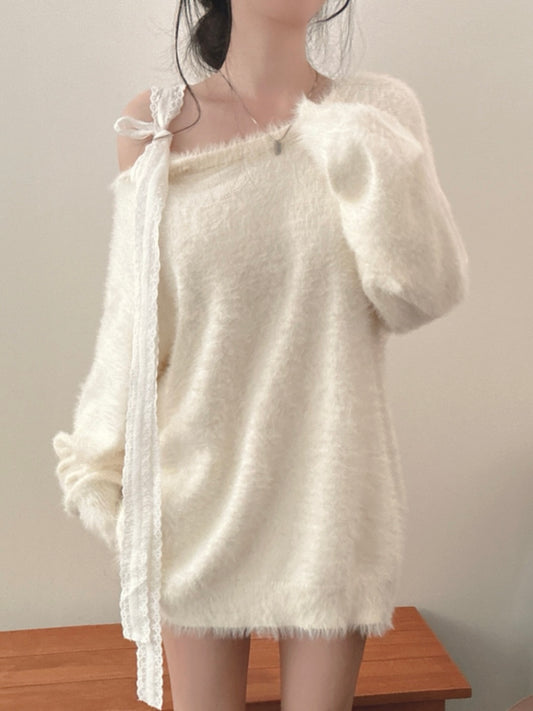 單肩綁帶安哥拉毛針織衫