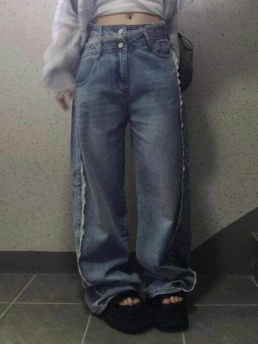 韓網新品🇰🇷蕾絲邊闊腳牛仔褲