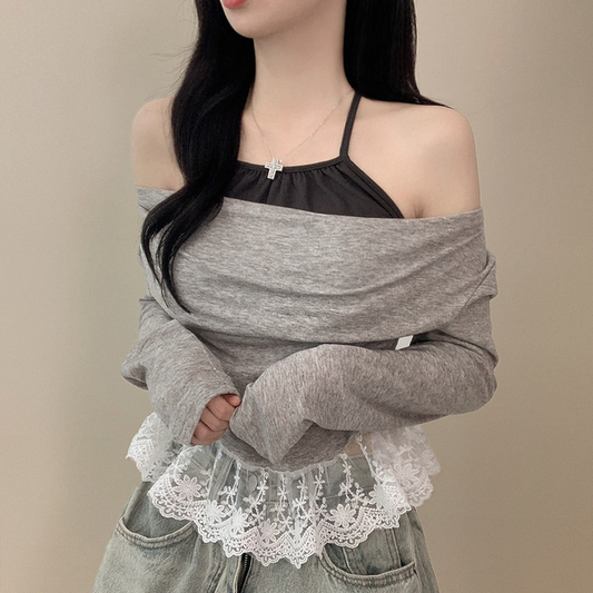 蕾絲層疊掛頸長tee