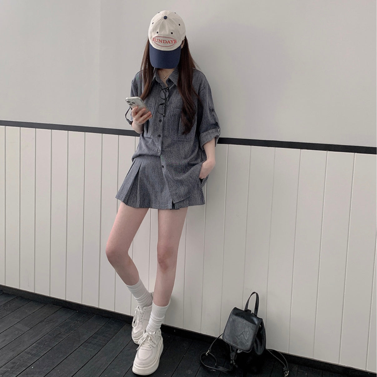 韓系休閒襯衫+百褶短裙Set