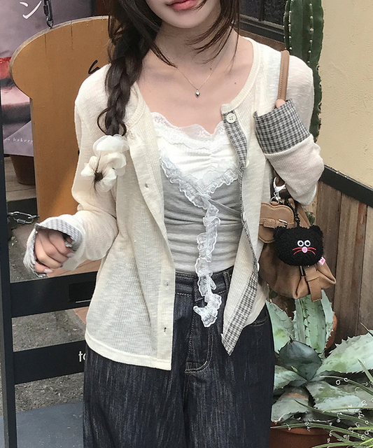 夏日開衫ೀ格紋拼邊上衣