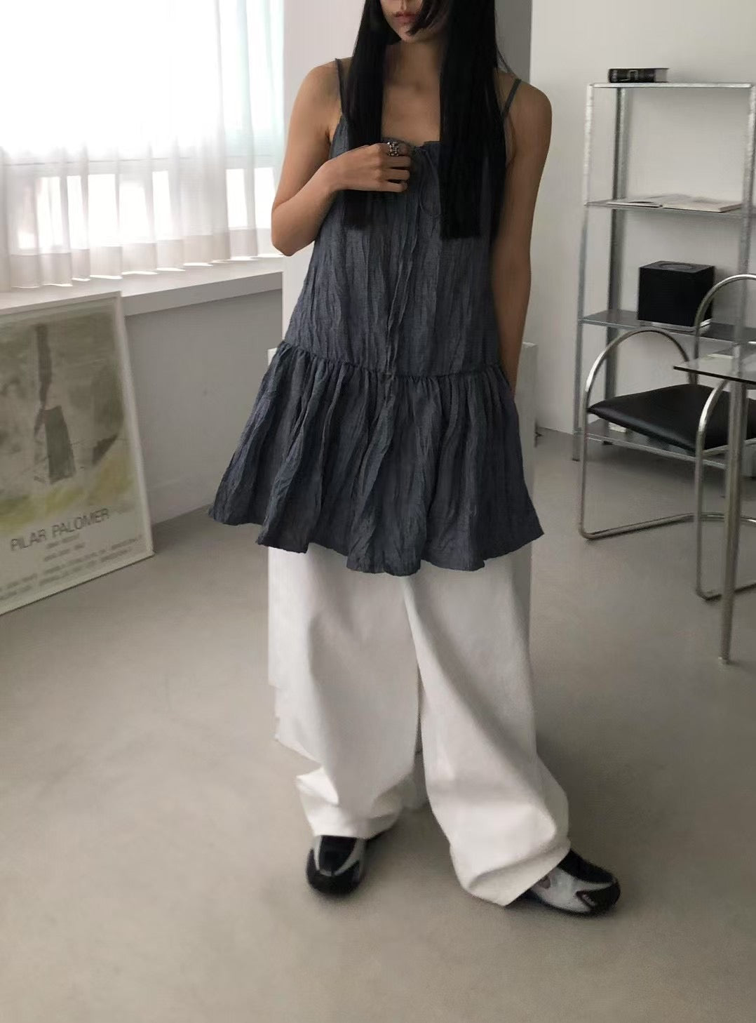 隨性褶皺感綁帶連身裙
