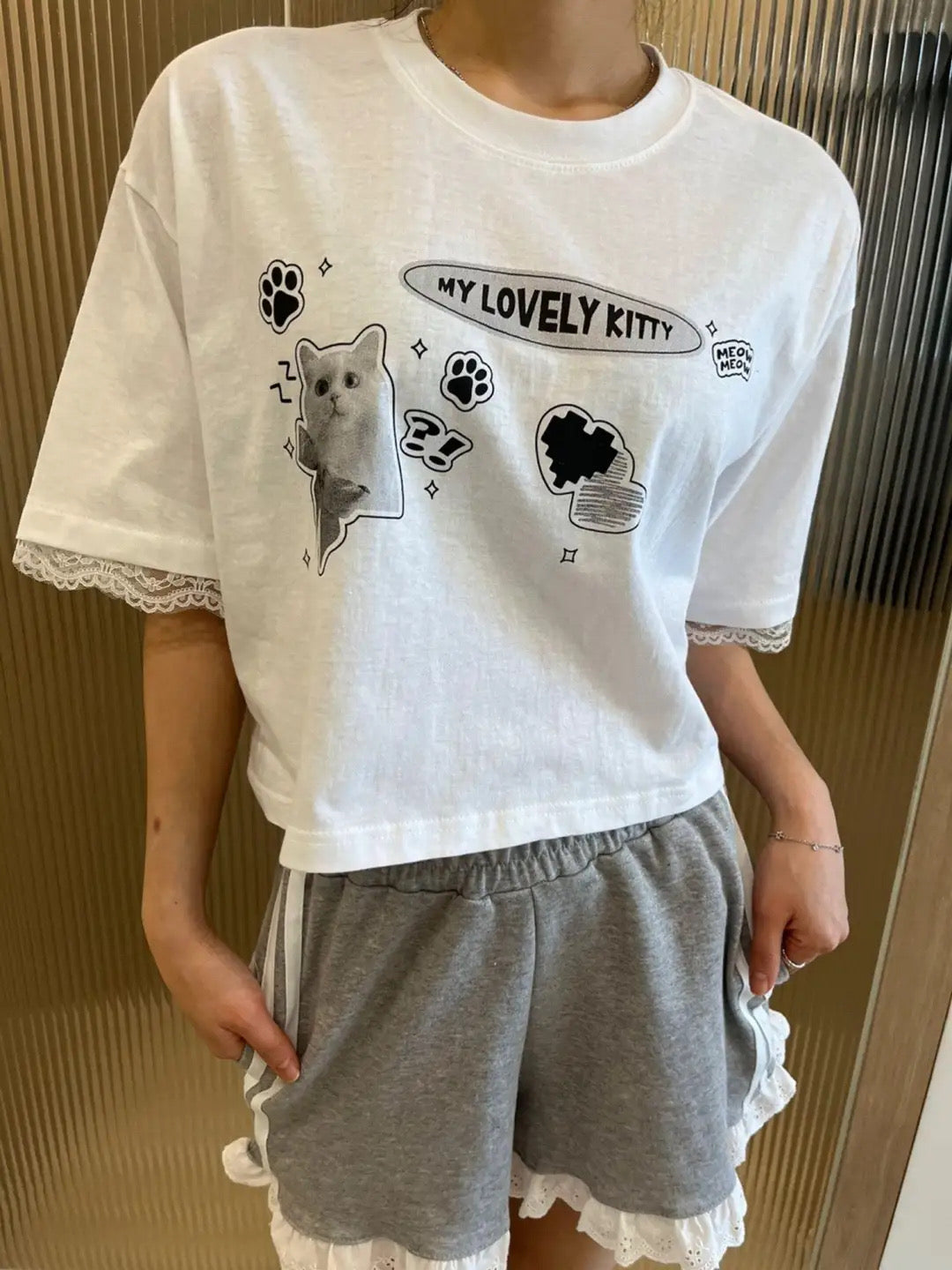 Y2K貓貓花邊Crop tee