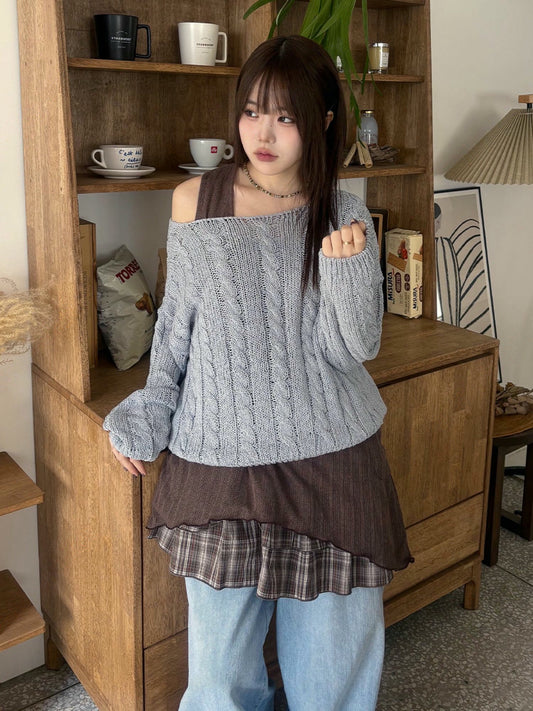 假兩件格仔疊穿連身裙