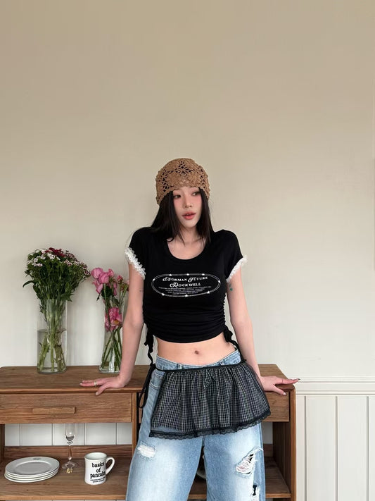 日系花邊抽繩短tee