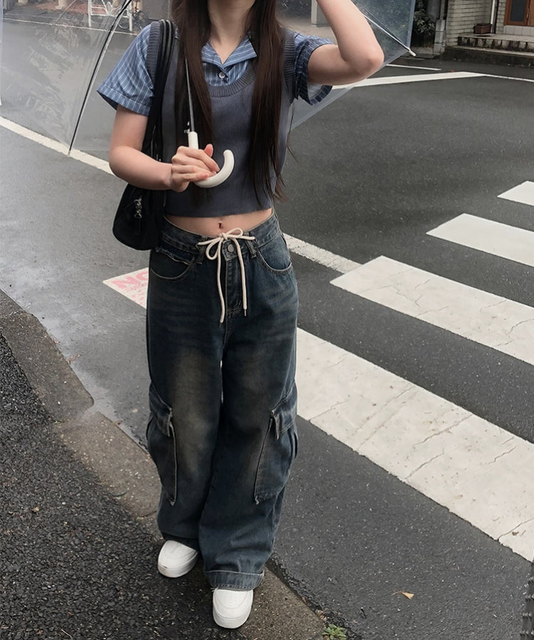 束帶工裝牛仔寬腿褲