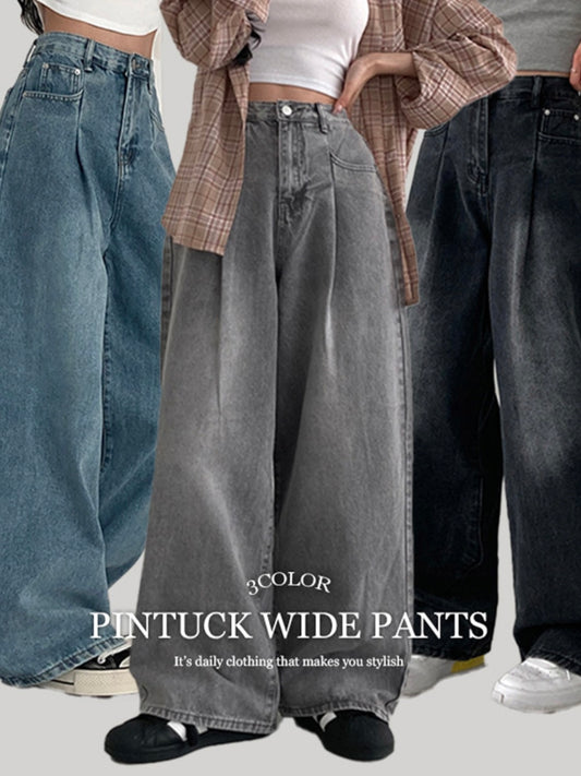 自留♡︎打褶洗水牛仔寬褲