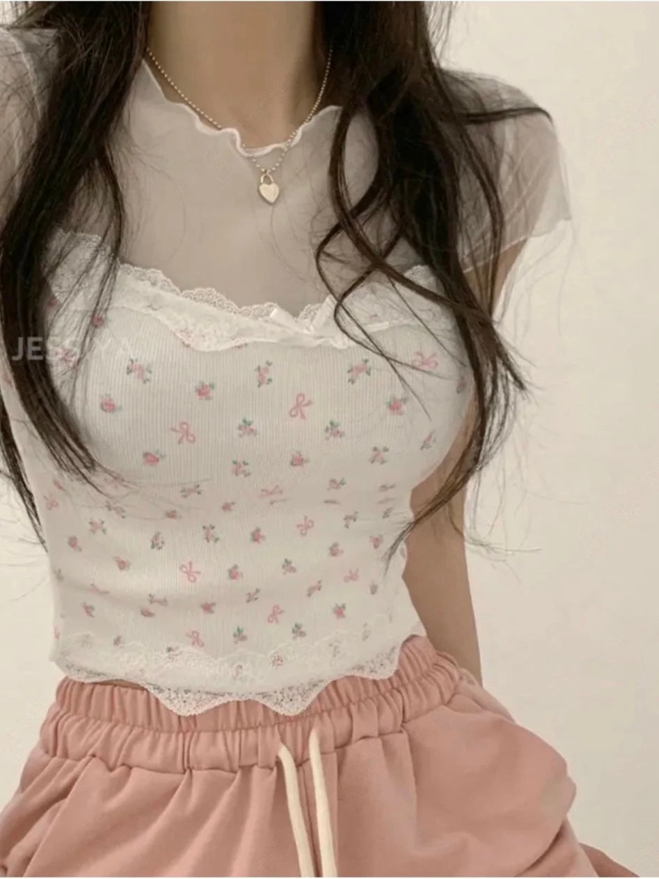 碎花蝴蝶結網紗短Tee