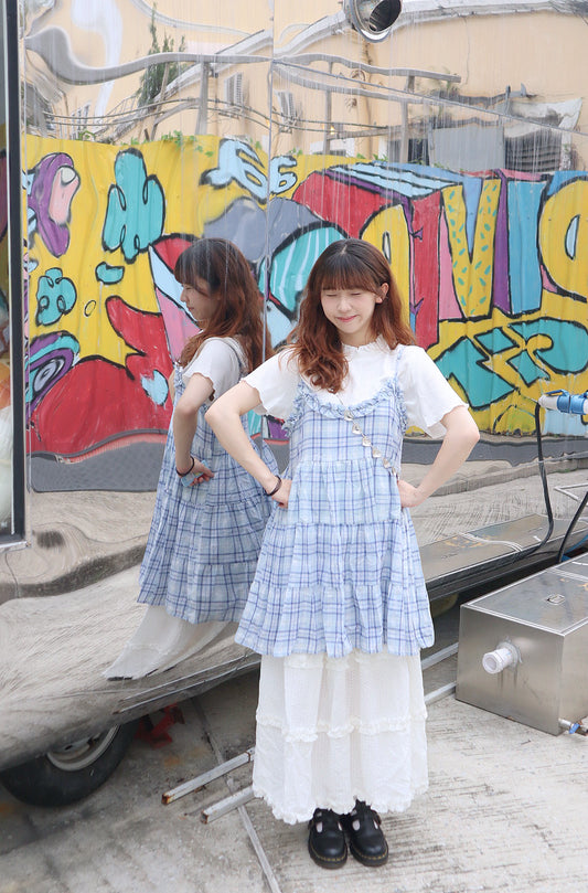 夏日冰藍穿搭🧊格紋娃娃連衣裙