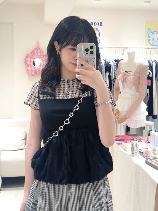 花苞羽毛感背心配格仔長裙