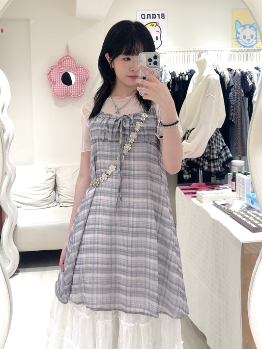 兩穿菱格吊帶OPS+皺皺長裙套裝