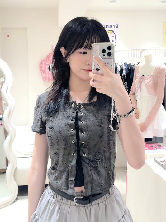 破爛感交叉上衣+花苞短裙套裝