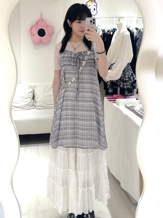兩穿菱格吊帶OPS+皺皺長裙套裝