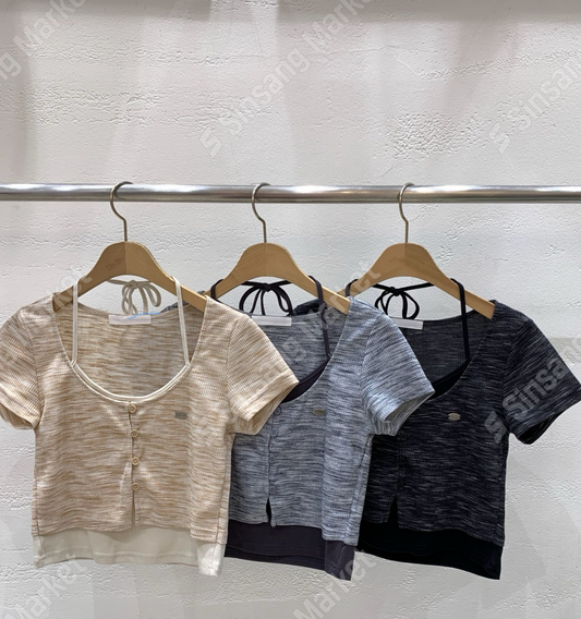 水波紋假兩件掛頸上衣