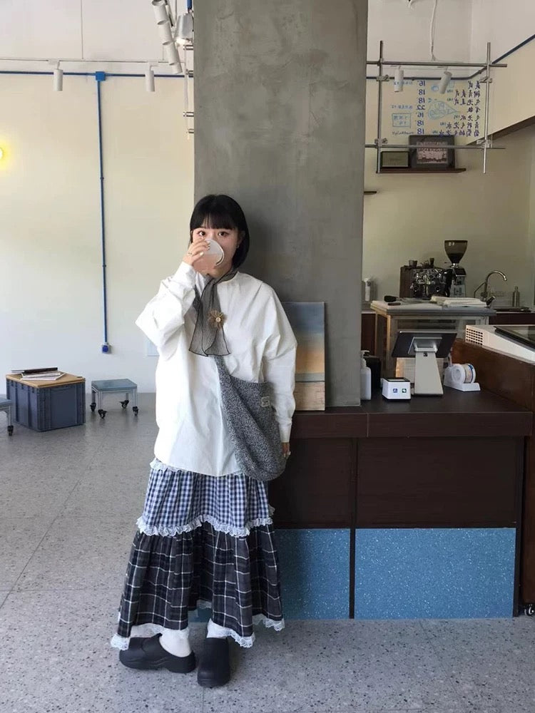 復古格仔蕾絲花邊蛋糕長裙