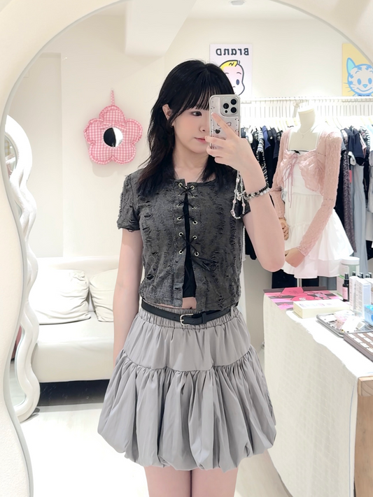 破爛感交叉上衣+花苞短裙套裝