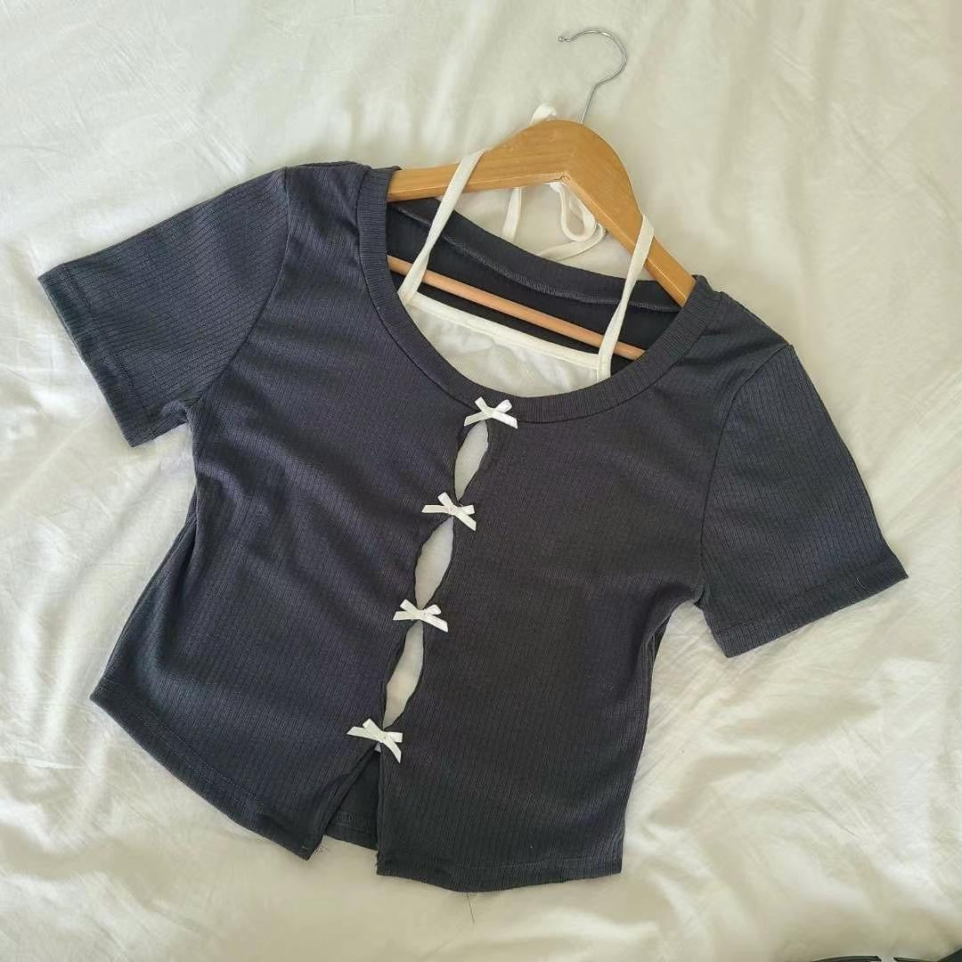 假兩件掛頸蝴蝶結tee+短裙