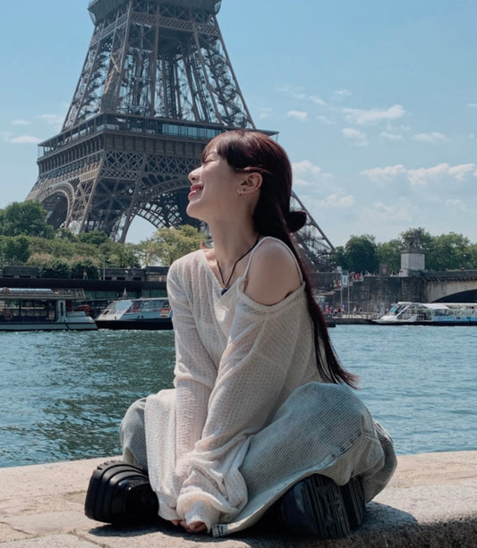 半透單落肩吊帶CROP上衣