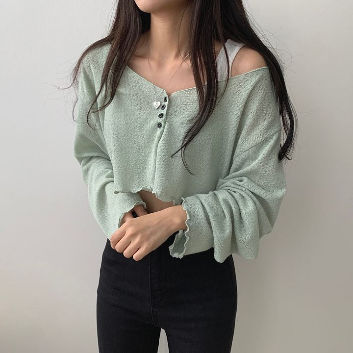 半排釦透膚短款開衫