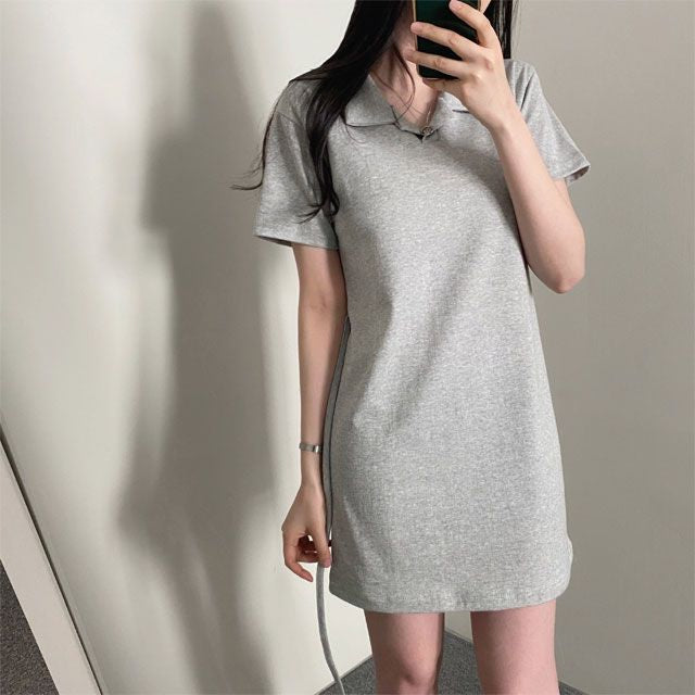 腰部蝴蝶結領子短袖連衣裙