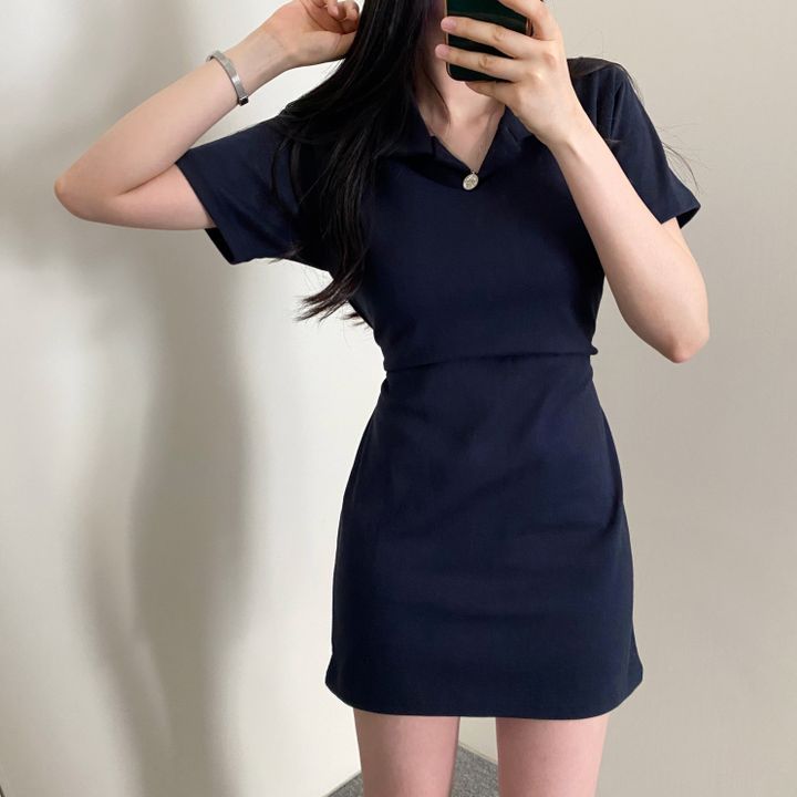 腰部蝴蝶結領子短袖連衣裙