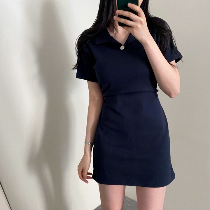 腰部蝴蝶結領子短袖連衣裙