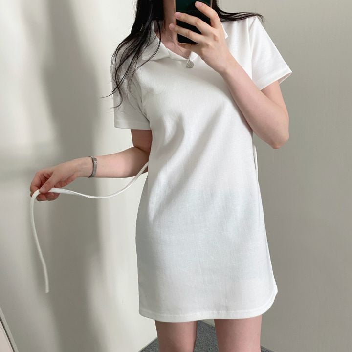 腰部蝴蝶結領子短袖連衣裙