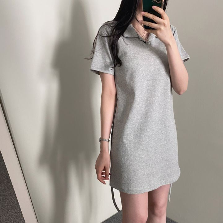 腰部蝴蝶結領子短袖連衣裙