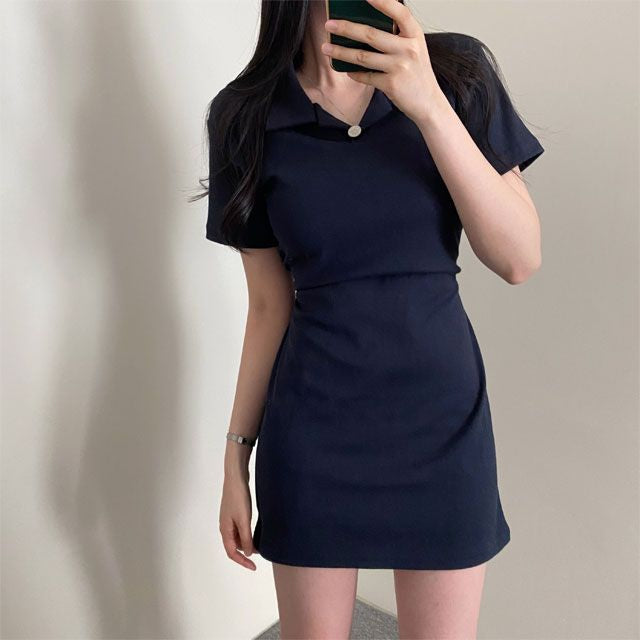 腰部蝴蝶結領子短袖連衣裙