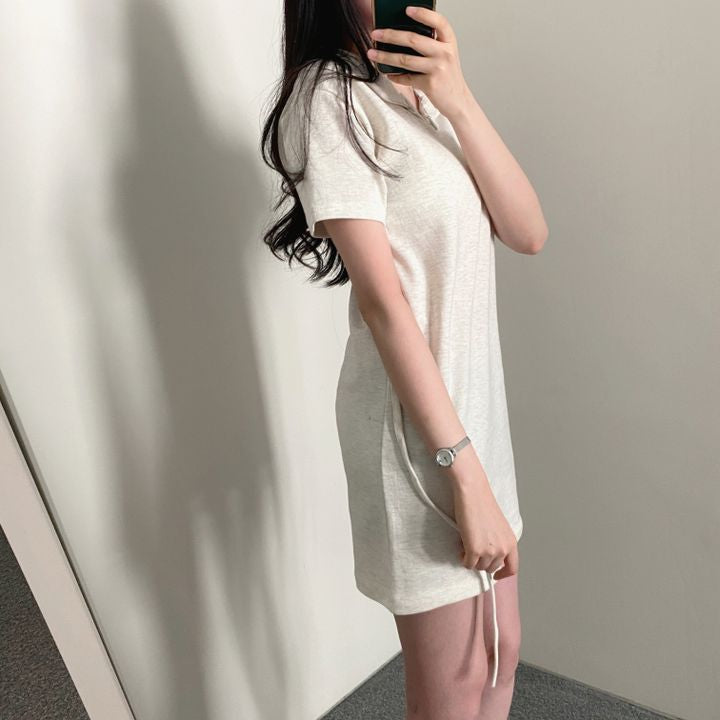 腰部蝴蝶結領子短袖連衣裙