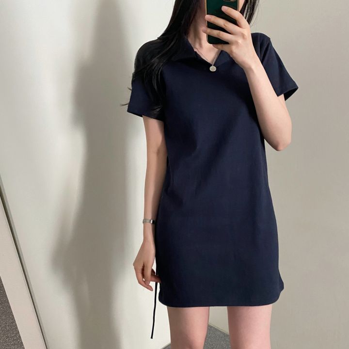 腰部蝴蝶結領子短袖連衣裙